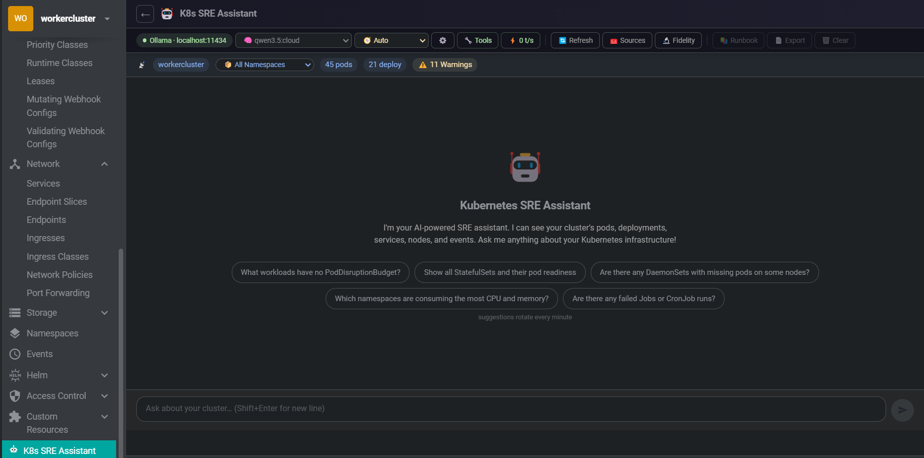 K8s SRE Assistant chat UI inside Freelens